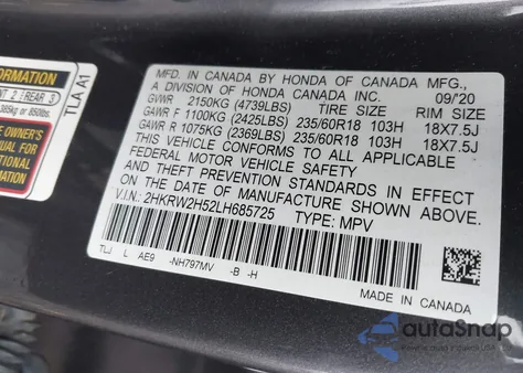 2020 Honda Cr-V Awd Ex z USA, uszkodzony, nr VIN 2HKRW2H52LH685725